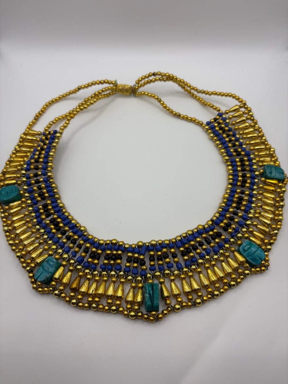 Ancient Egyptian Cleopatra Scarab Gold-Tone Beaded Collar Necklace 18” Vintage
